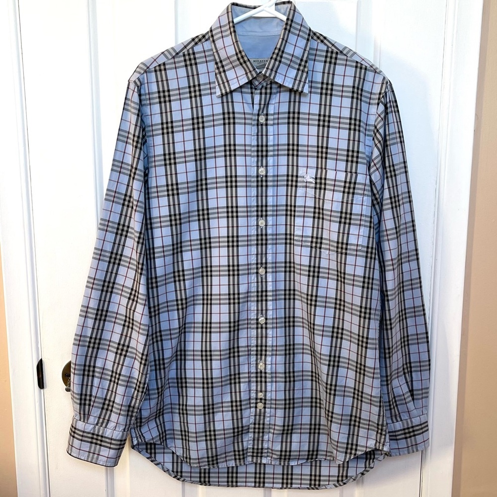 Burberry London Men’s Blue Novacheck Button Down Casual Long Sleeves Shi…